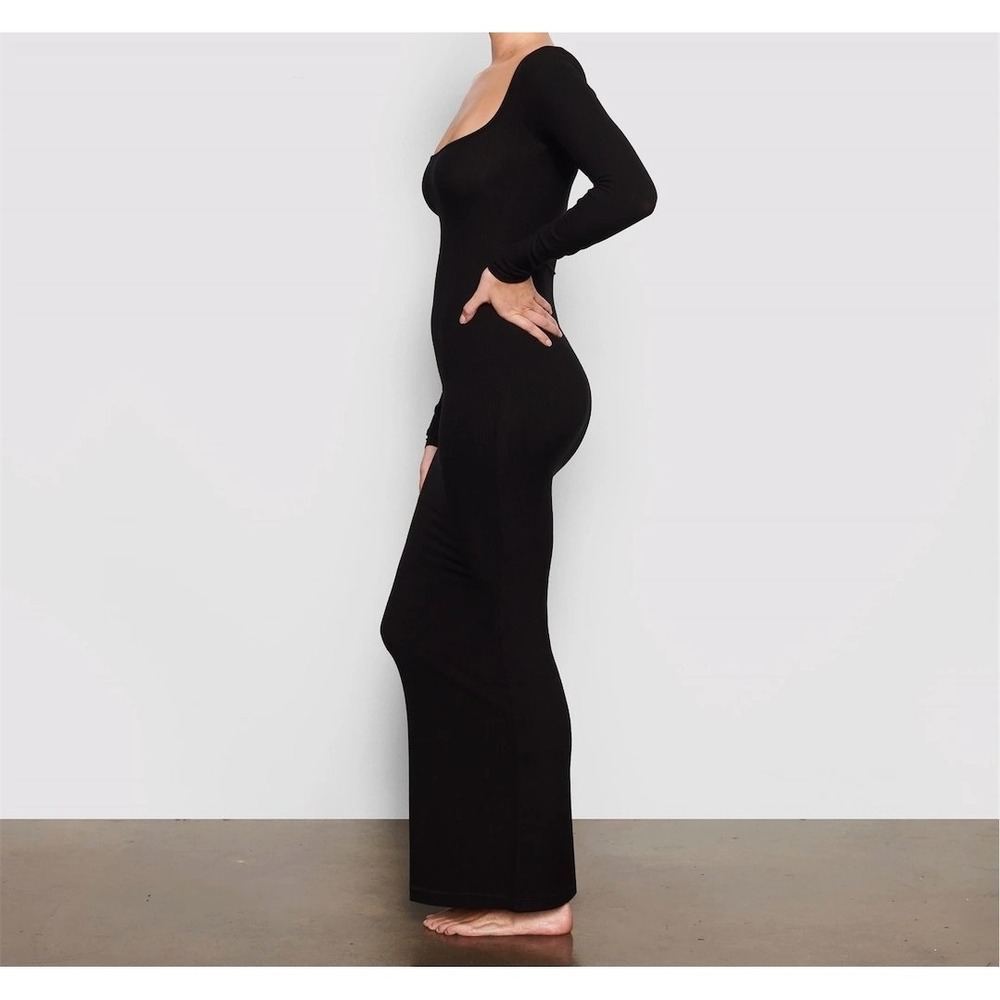 Skims Soft Lounge Ribbed Long Sleeve Dress Women S Black Clean Girl Minimalist